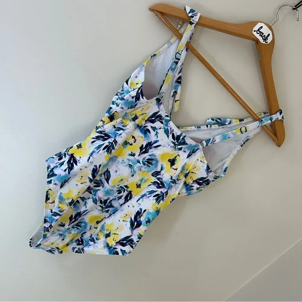 Niptuck 6 Yellow Blue White Floral One Piece Swimsuit Beach Retro Boardwalk Chic